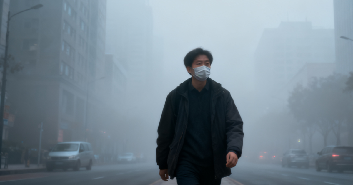 Seorang warga mengenakan masker saat berjalan di tengah kabut polusi tebal yang menyelimuti jalan raya kota besar.