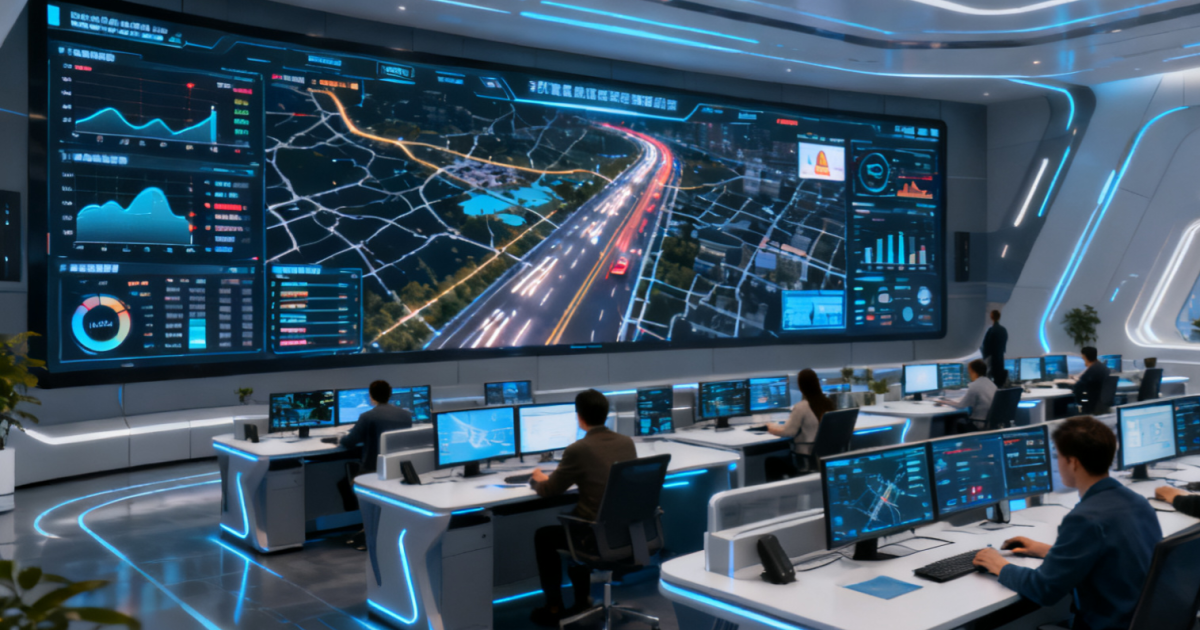 Ilustrasi visual yang menampilkan pusat komando kota (command center) dengan layar besar menampilkan data real-time lalu lintas, peta digital, dan layanan publik terintegrasi.