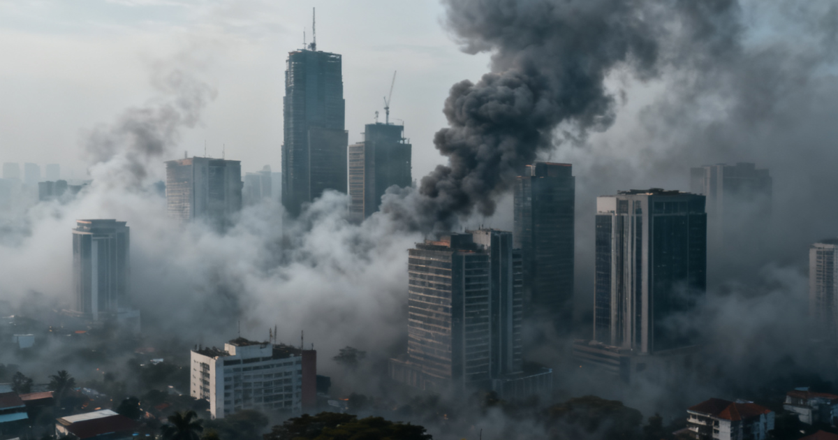 Ilustrasi asap tebal menutupi gedung-gedung tinggi di kota besar Indonesia, melambangkan polusi udara berbahaya.