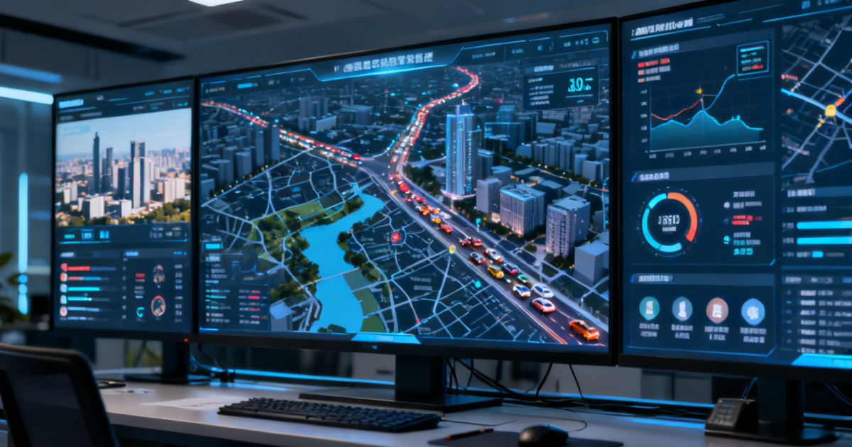 Ilustrasi visual yang menampilkan pusat kendali kota cerdas (command center) dengan layar monitor besar yang menunjukkan peta dan data real-time lalu lintas dan layanan publik.