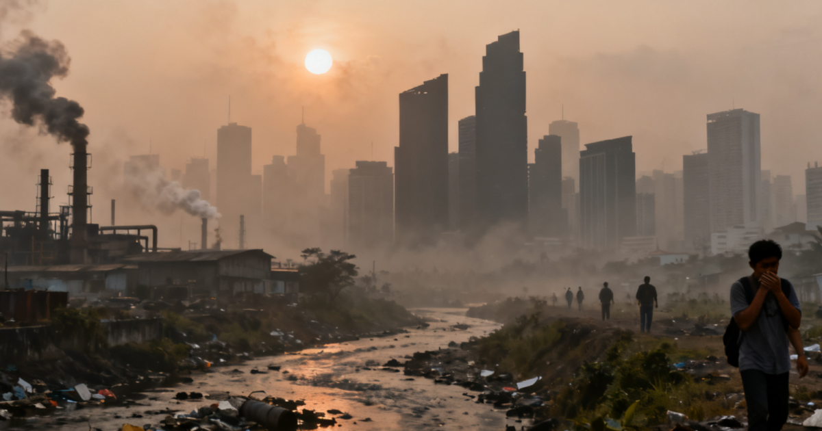 Ilustrasi kabut asap tebal menyelimuti gedung-gedung tinggi di kota besar, menunjukkan kualitas udara yang buruk dan berbahaya bagi kesehatan.