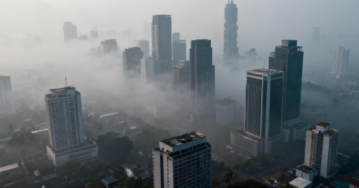 Ilustrasi kabut asap tebal menyelimuti gedung-gedung tinggi di kota besar Indonesia, menunjukkan tingkat polusi udara yang berbahaya.