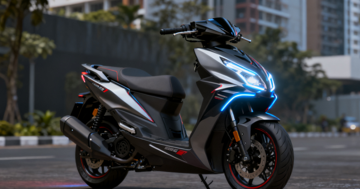 Tampilan motor skutik premium terbaru dengan desain sporty dan lampu LED depan yang futuristik.
