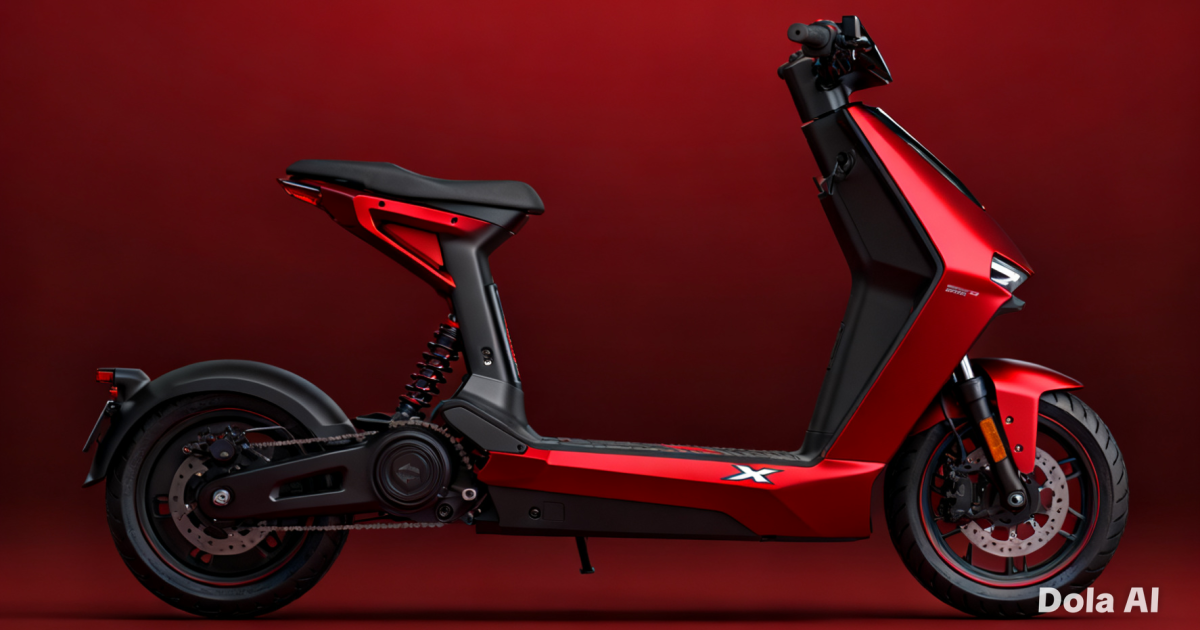 Ilustrasi tampak samping motor skutik premium X-Series berwarna merah doff yang baru diluncurkan dengan desain bodi agresif.