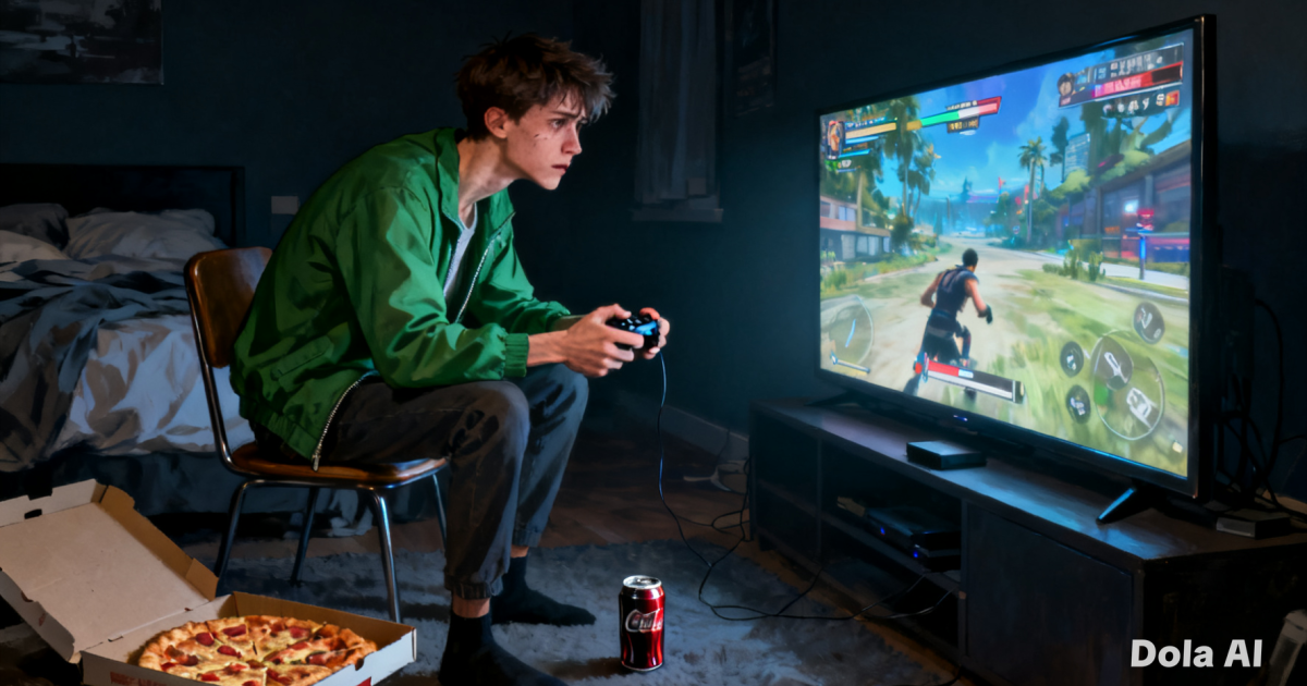 Gambar ilustrasi seorang pemuda yang menghabiskan waktu lama di depan layar, merepresentasikan gaya hidup sedentari.