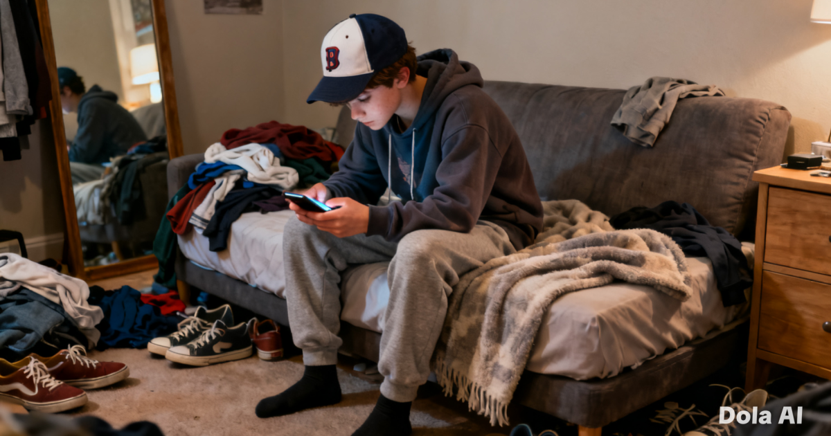 Seorang remaja tampak duduk di sofa sambil menatap layar gawai dengan postur membungkuk, mencerminkan gaya hidup kurang gerak yang umum terjadi.