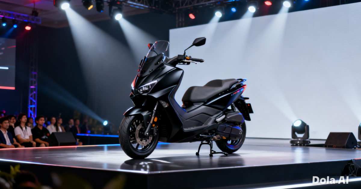 Motor skutik premium Astra Maxima 160 berwarna hitam doff dipajang di panggung peluncuran.