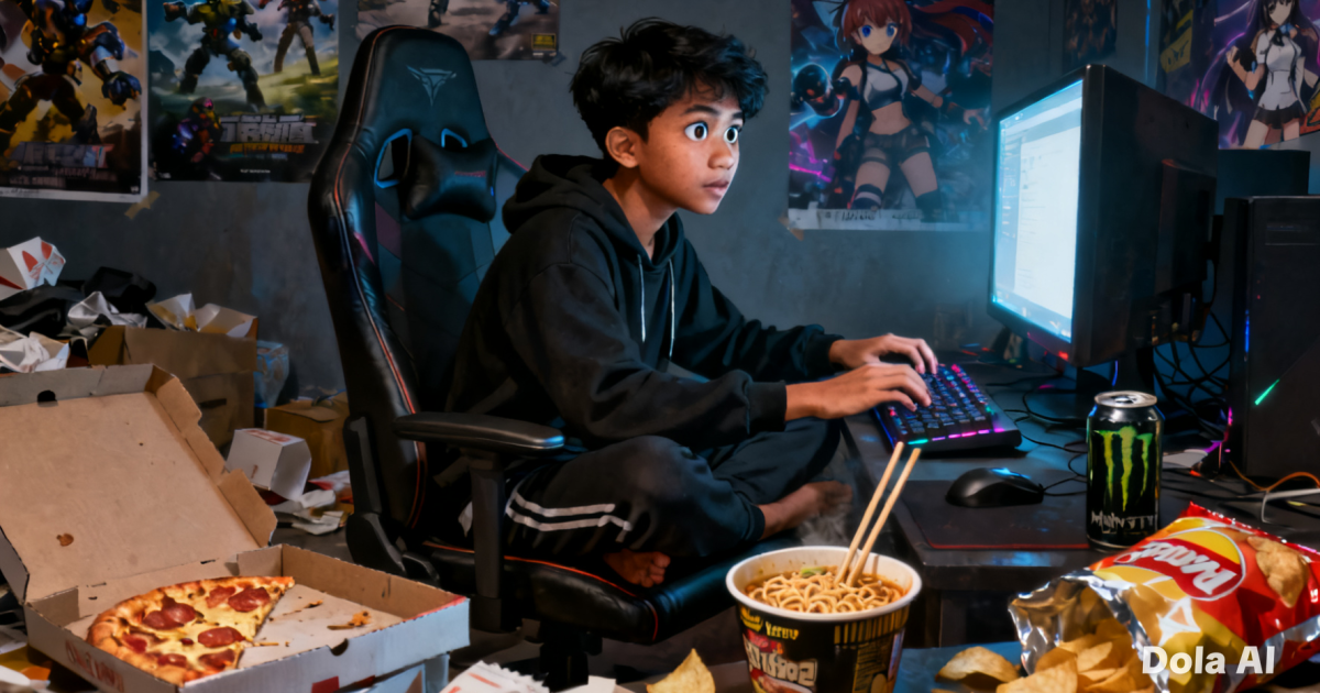 Ilustrasi seorang pemuda Indonesia yang sedang duduk terlalu lama di depan komputer dengan latar belakang makanan cepat saji.