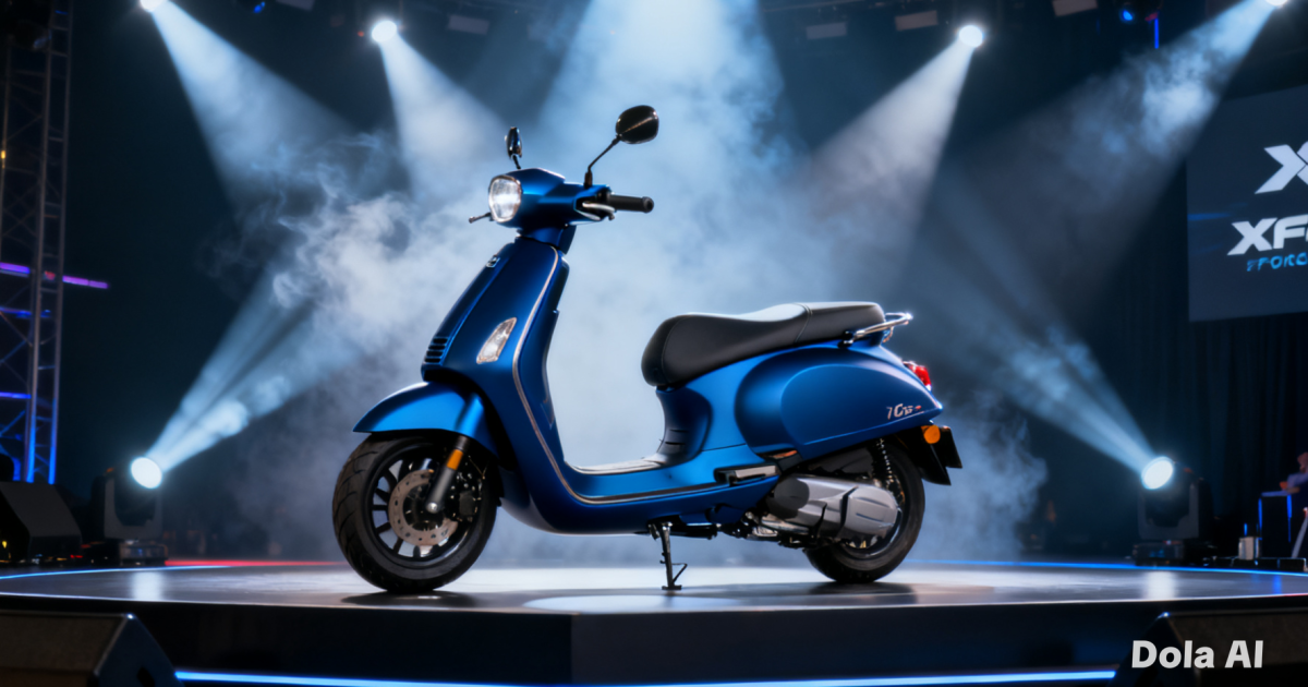 Motor skutik premium terbaru X-Force 160 berwarna biru doff dipamerkan di panggung peluncuran dengan sorotan lampu yang dramatis.