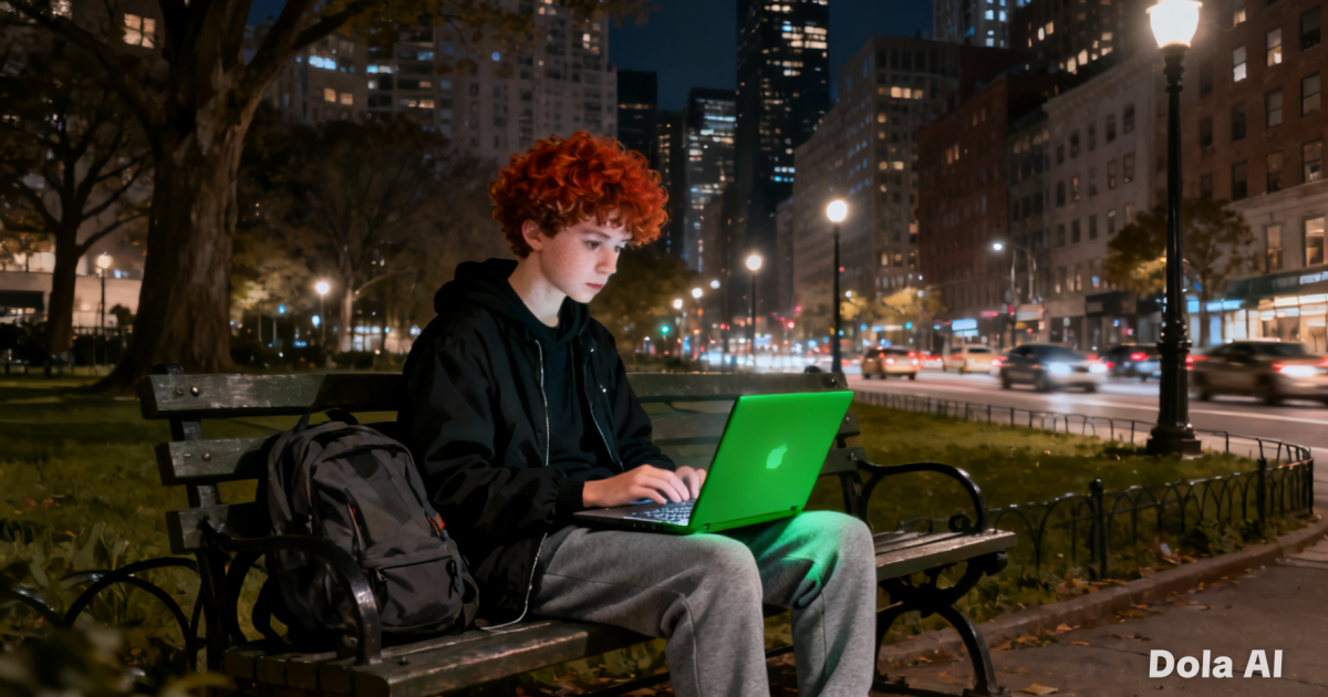 Seorang remaja sedang duduk lama sambil menggunakan laptop dengan latar belakang perkotaan yang padat.