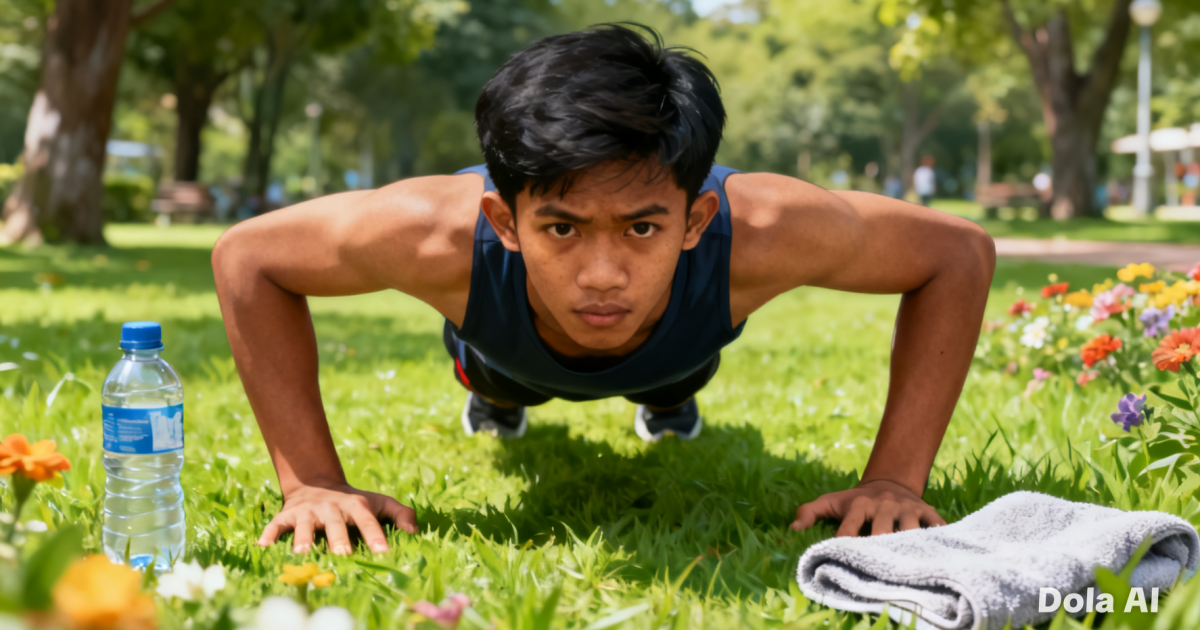 Ilustrasi seorang pemuda Indonesia yang mulai aktif berolahraga setelah lama duduk di depan laptop, melambangkan perubahan gaya hidup.