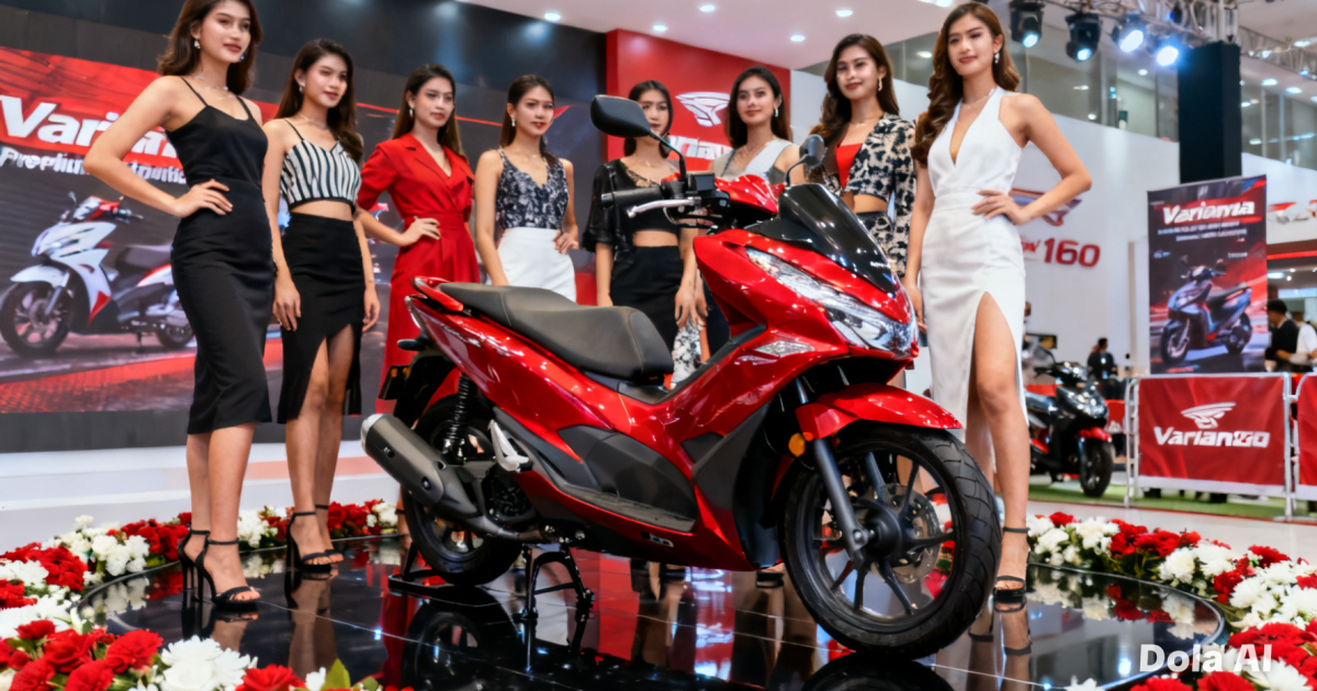 Tampilan motor matic premium Varianza 160 berwarna merah yang dipajang saat acara peluncuran resmi.