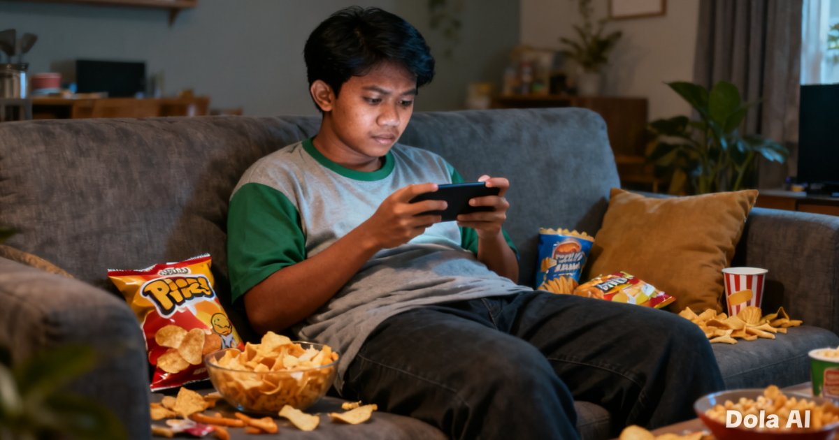 Seorang pemuda Indonesia duduk di sofa sambil bermain gawai, dikelilingi makanan ringan, menunjukkan gaya hidup yang sangat sedentari.