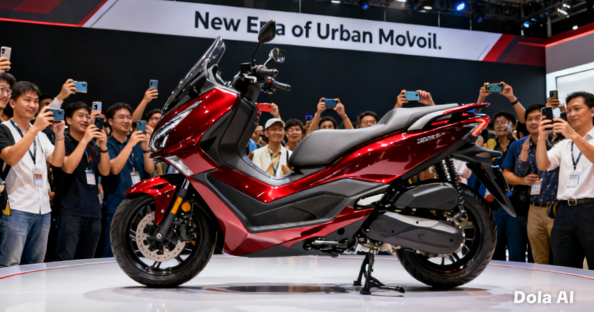 Foto motor skutik premium terbaru berwarna merah metalik sedang dipamerkan dalam acara peluncuran resmi.