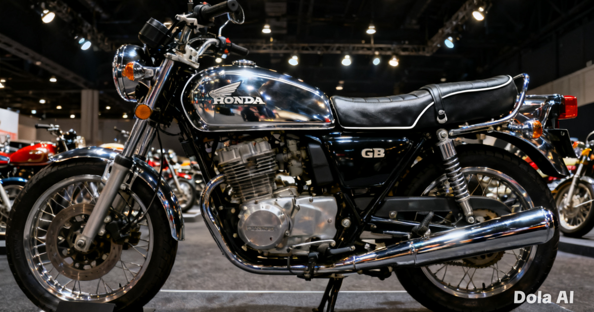 Foto close-up motor Honda CB klasik yang terawat sempurna dipamerkan dalam sebuah pameran kolektor.