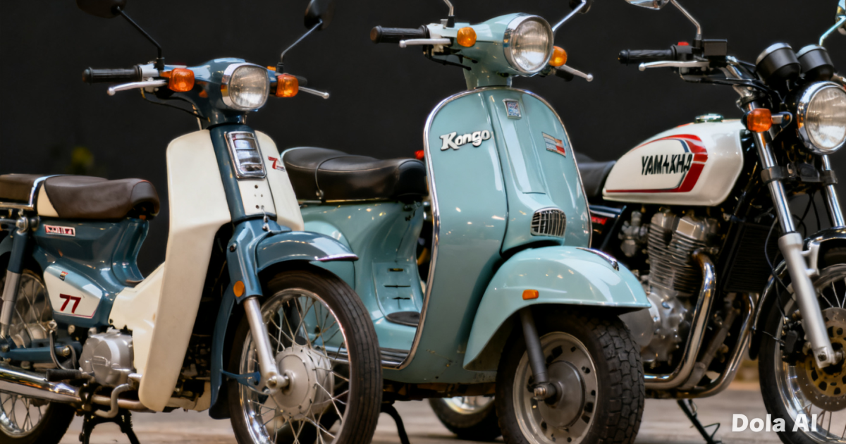 Foto close-up Vespa Kongo yang terawat sempurna, diapit oleh Honda C70 dan Yamaha RX-King, menunjukkan tiga ikon motor klasik yang bernilai investasi tinggi.