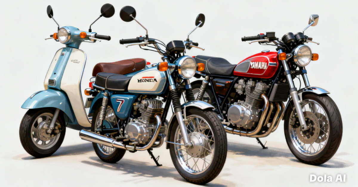 Ilustrasi beberapa motor klasik ikonik seperti Vespa, Honda C70, dan Yamaha RX-King yang terawat sempurna dan siap dikoleksi.