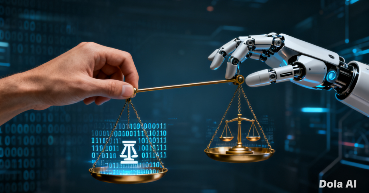 Ilustrasi visual yang menunjukkan tangan manusia dan tangan robot sedang mencoba menyeimbangkan timbangan yang berisi kode biner dan simbol hukum.