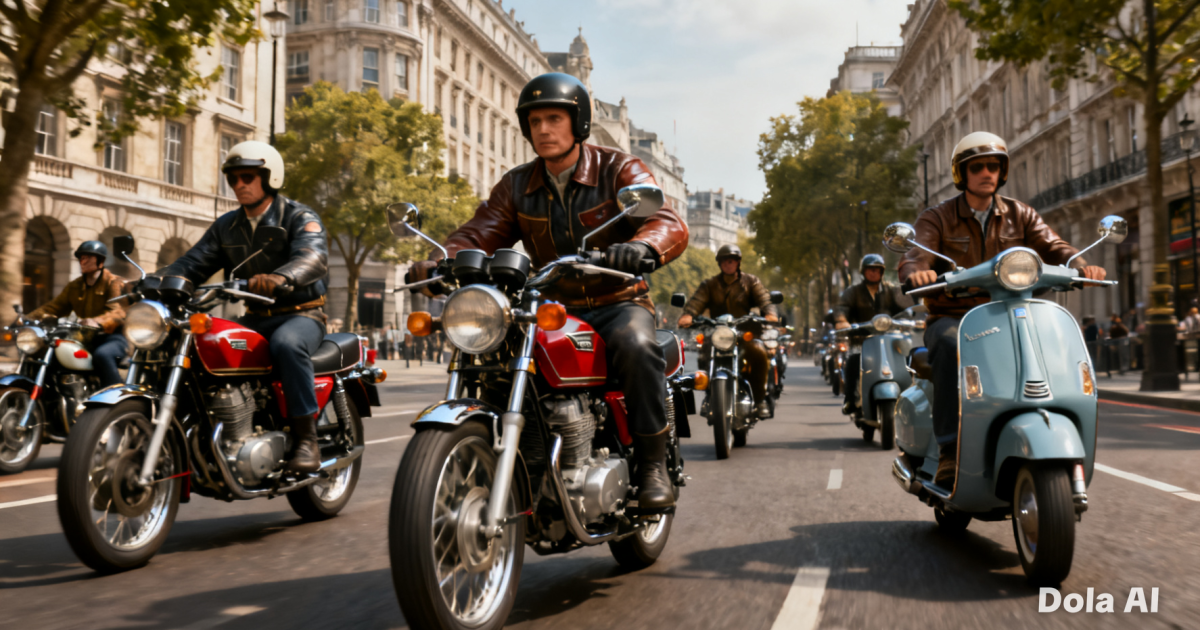 Barisan pengendara motor klasik legendaris seperti Honda CB dan Vespa yang terawat dengan baik sedang konvoy menggunakan safety riding di perkotaan, menunjukkan potensi nilai investasi yang tinggi.