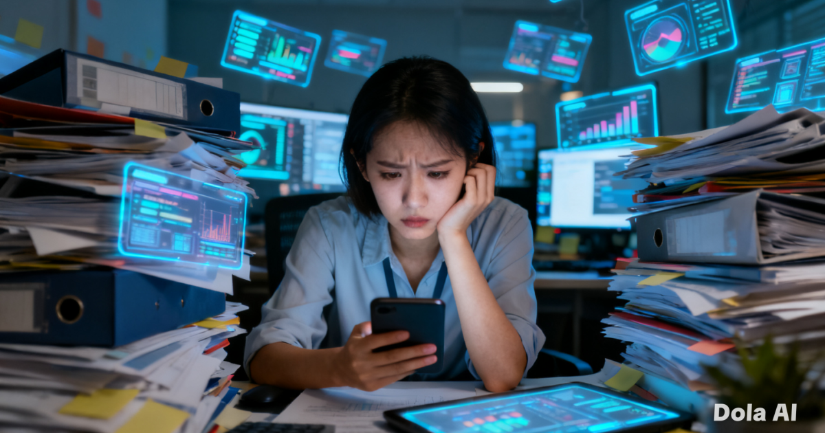 Seorang pekerja muda yang terlihat lelah sedang menatap layar gawai di tengah tumpukan pekerjaan digital yang intens.