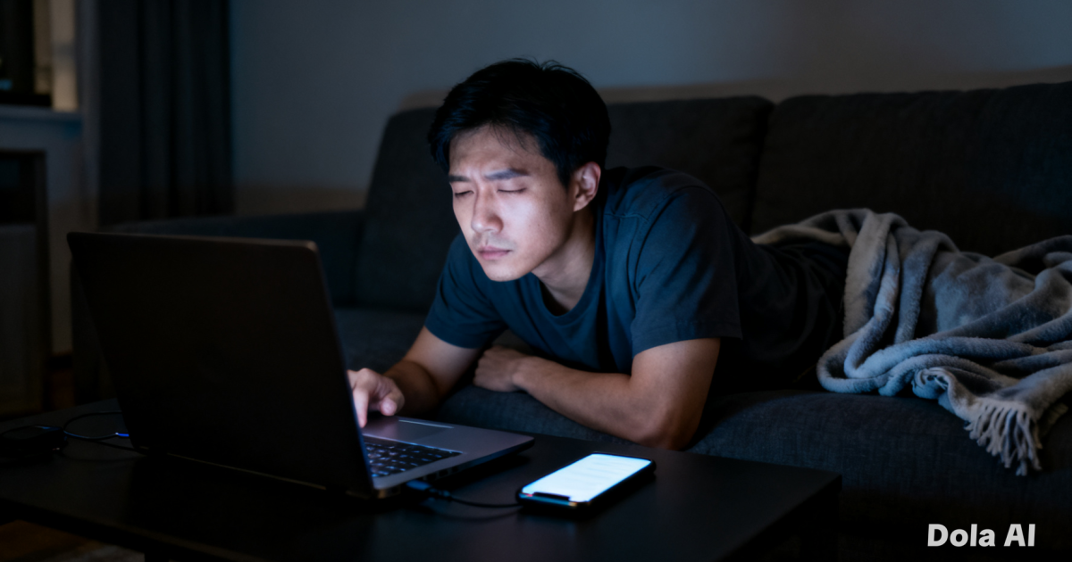 Seorang pekerja muda tampak kelelahan di depan laptop dengan pantulan cahaya layar gawai yang memenuhi ruangan gelap.