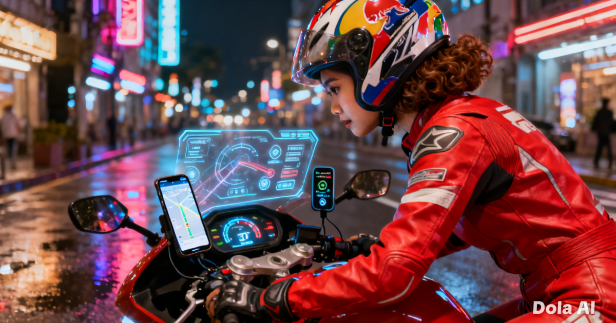 Sebuah sepeda motor modern dengan panel instrumen digital yang menampilkan navigasi dan indikator sistem keamanan aktif.