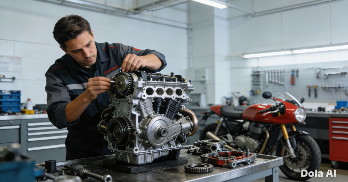 Seorang mekanik profesional sedang melakukan pengecekan mendalam pada komponen mesin sepeda motor di bengkel modern.