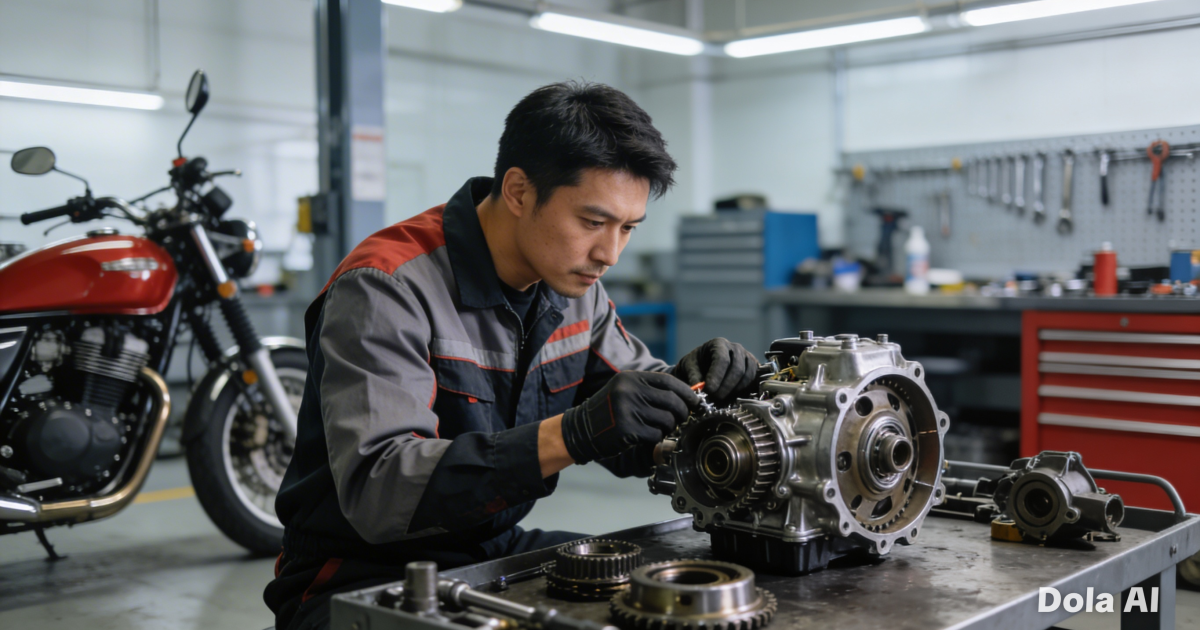 Seorang mekanik profesional sedang melakukan pengecekan sistem injeksi pada mesin sepeda motor modern di bengkel resmi.