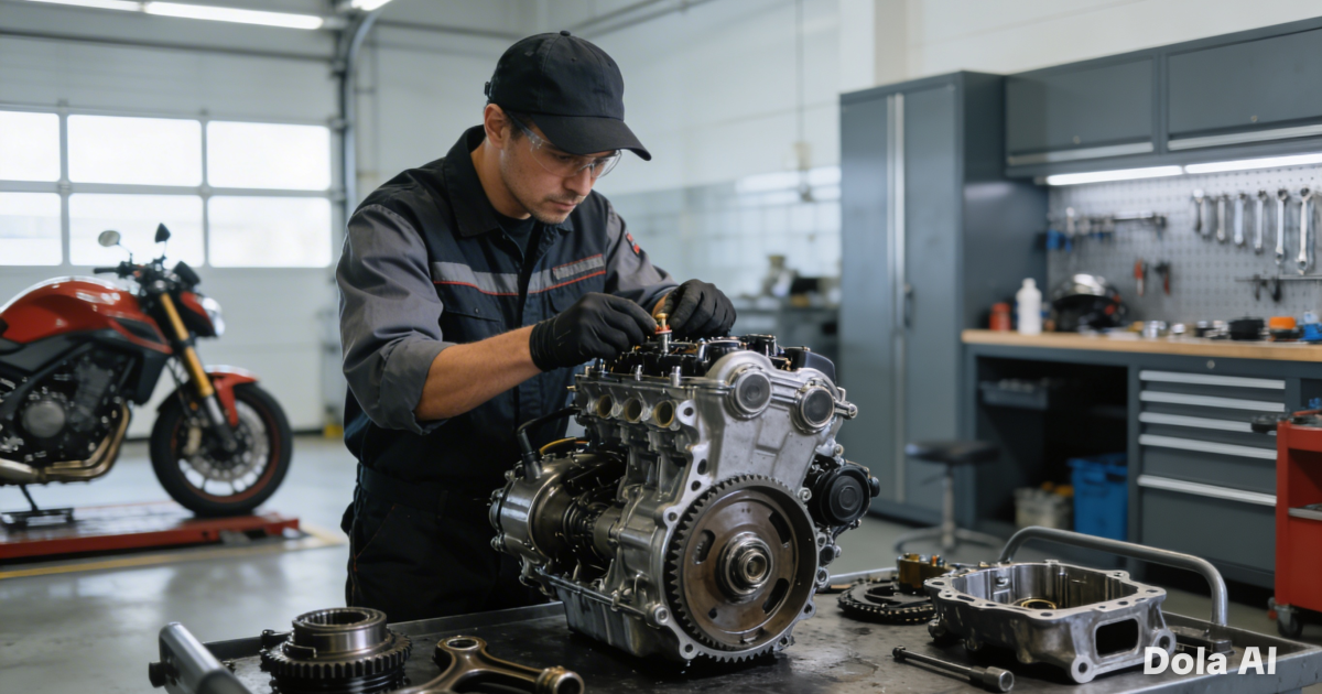Seorang mekanik profesional sedang memeriksa komponen mesin motor dengan teliti di sebuah bengkel modern yang bersih.